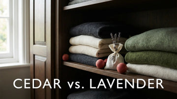 An organised wardrobe using cedar balls moth repellent and lavender to protect cashmere sweaters.