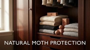Cedar blocks and balls protecting folded wool sweaters in a classic British wardrobe.