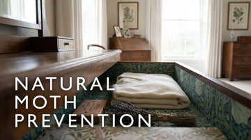 A pristine cashmere sweater in a drawer lined with William Morris paper, demonstrating the value of natural moth repellent.