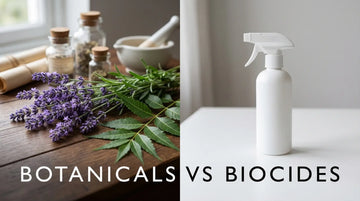 A split image comparing natural moth repellent like lavender with a chemical biocide spray bottle.