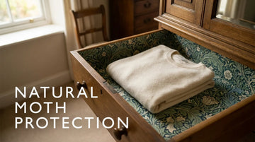 Organized wardrobe drawer with a cashmere sweater, showing a safe moth repellent for clothes.