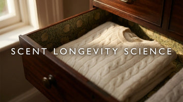 An open, antique drawer with sandalwood drawer liners and a cashmere sweater, demonstrating scent longevity.