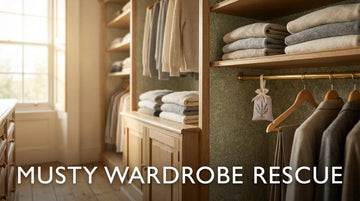 An organised wooden wardrobe with fresh clothes, demonstrating the use of a natural wardrobe freshener.