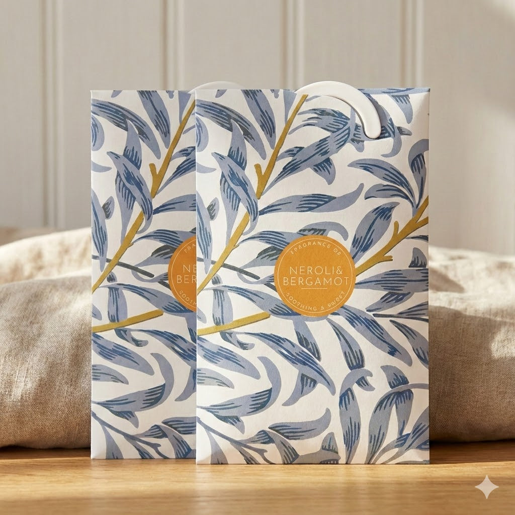 NEROLI & BERGAMOT Scented Wardrobe Freshener in a WILLIAM MORRIS Inspired WILLOW Design | Contains Essential Oils | PACK OF 2 | Made in the UK.