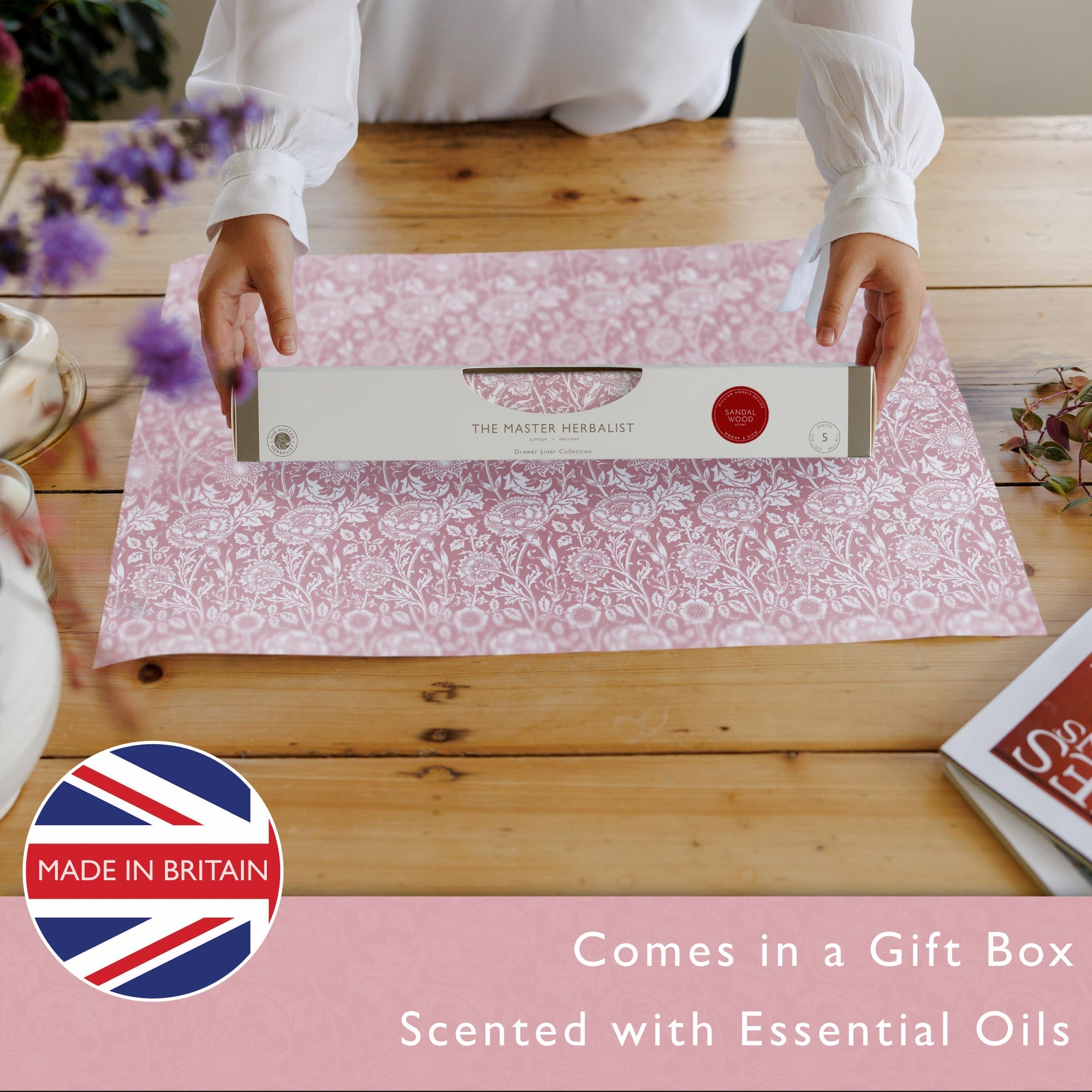 ROSE SCENTED Drawer Liners in PINK William Morris Design - Scented Drawer Liners - The Master Herbalist