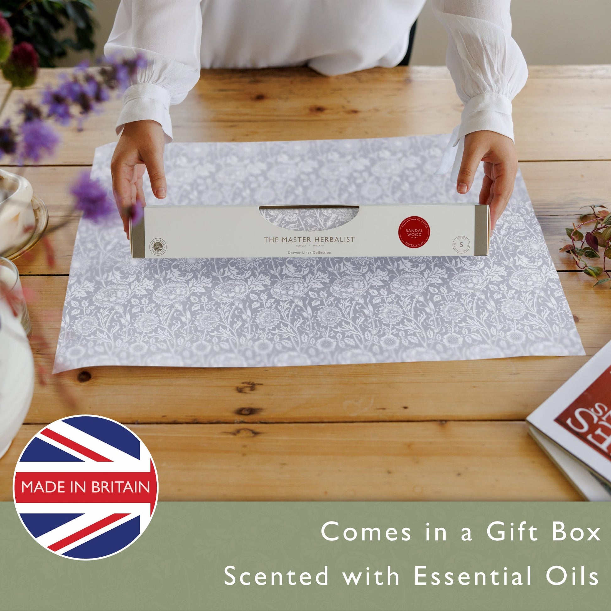 LILY OF THE VALLEY fragrance SCENTED Drawer Liners in GREY William Morris Design - Scented Drawer Liners - The Master Herbalist