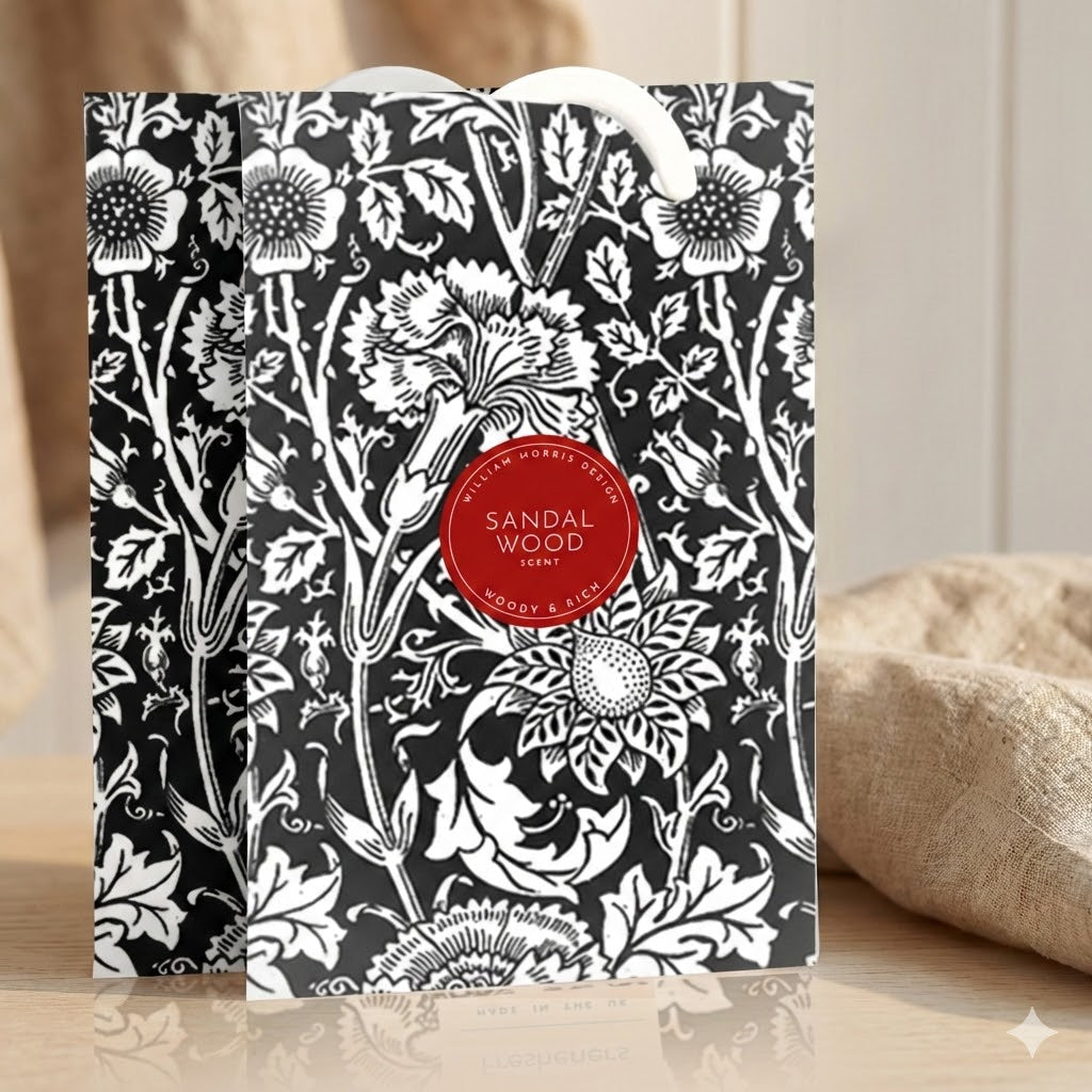 SANDALWOOD Scented Wardrobe Freshener in a WILLIAM MORRIS Design in BLACK | Pack of 2 - Wardrobe Freshener - The Master Herbalist