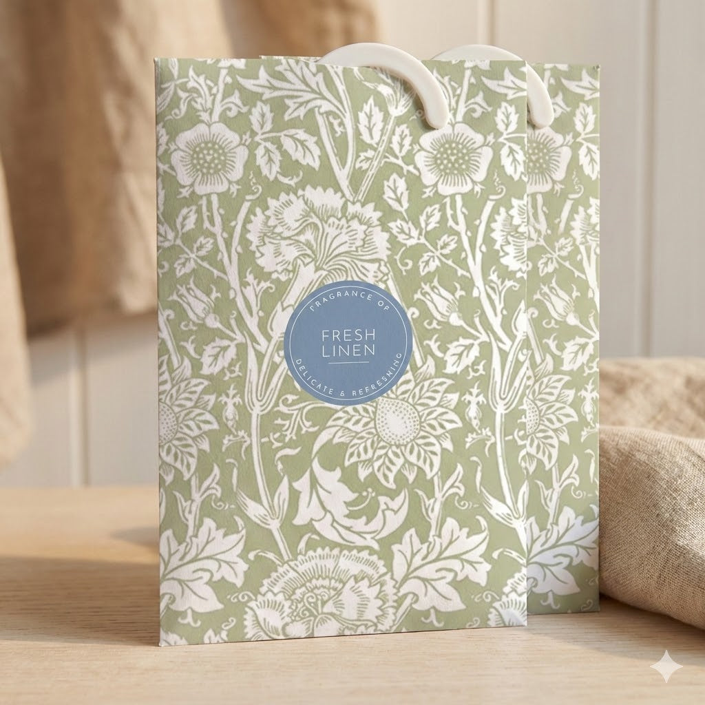 FRESH LINEN Scented Wardrobe Freshener in a WILLIAM MORRIS Design in SAGE GREEN | Pack of 2