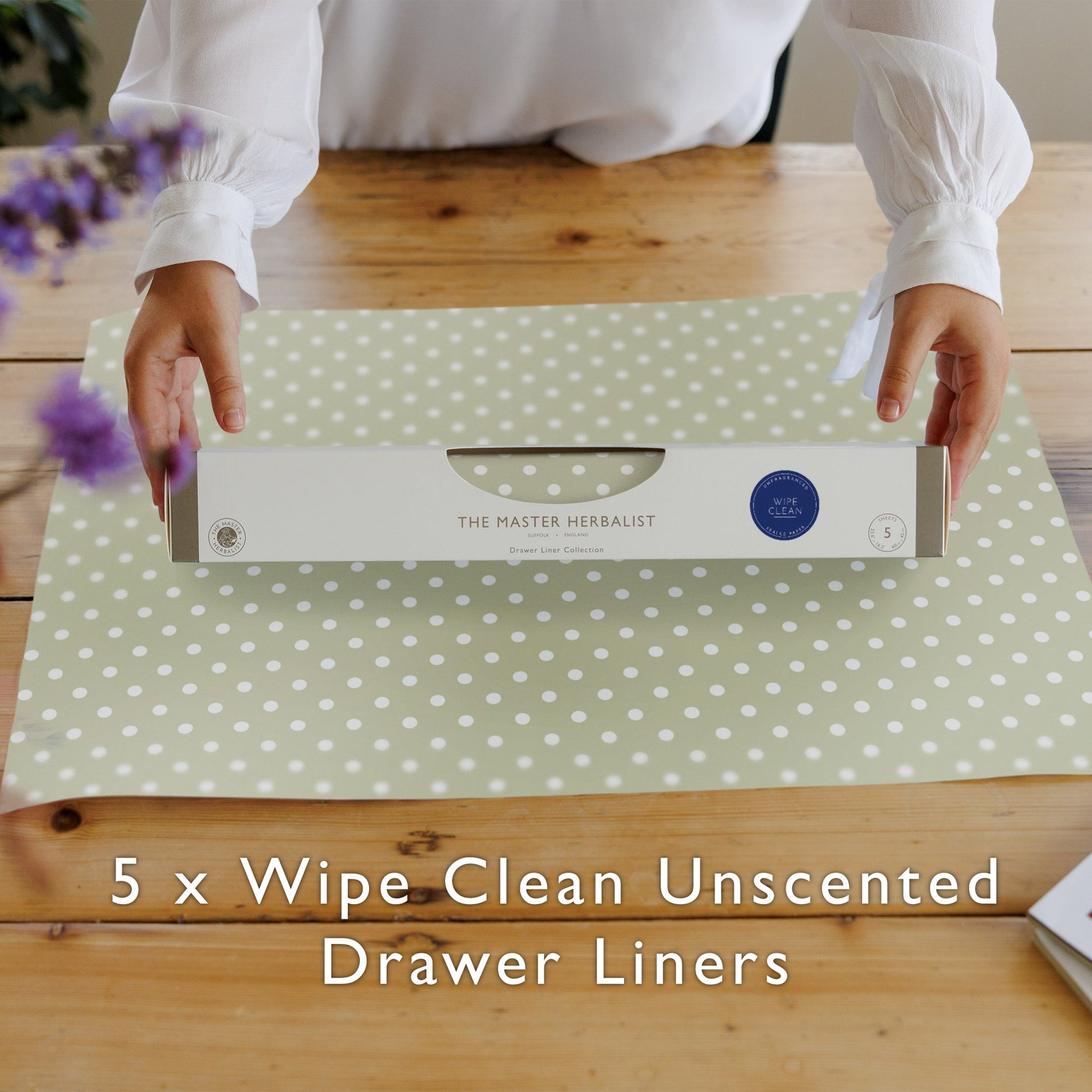SAGE GREEN POLKA DOT Wipe Clean & Unscented Drawer Liners - Wipe Clean Drawer Liners - The Master Herbalist