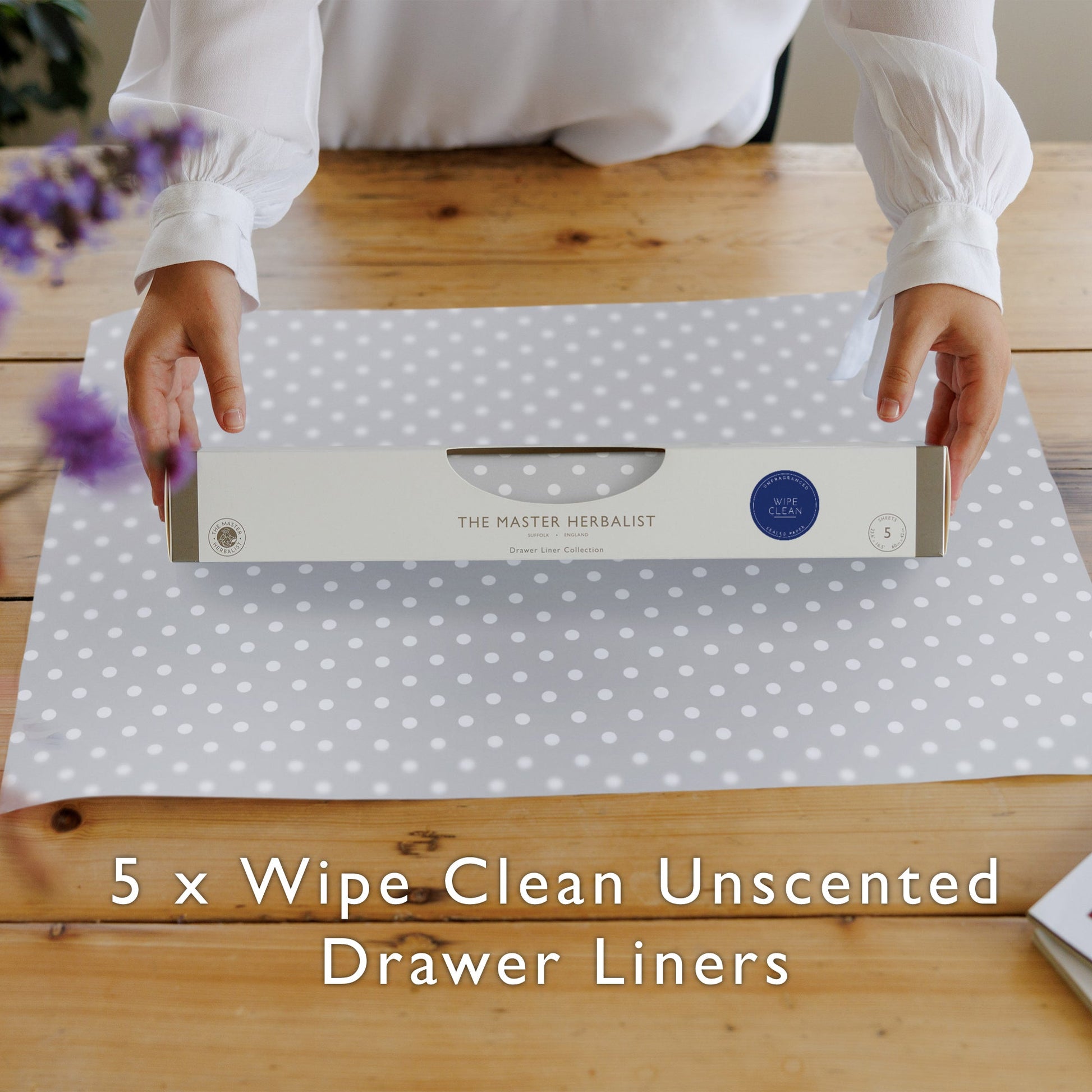 SOFT GREY POLKA DOT Wipe Clean & Unscented Drawer Liners - Wipe Clean Drawer Liners - The Master Herbalist