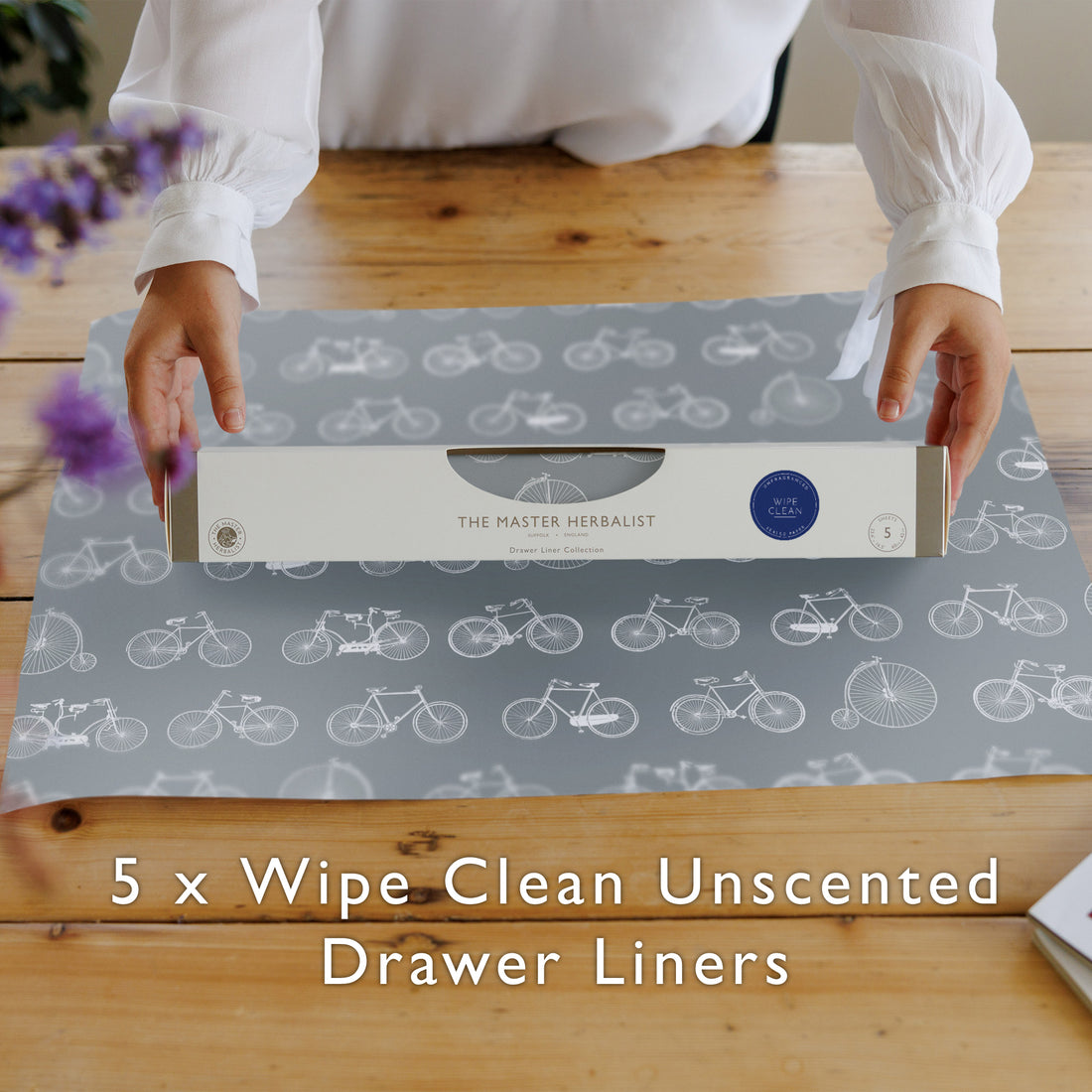 THE MASTER HERBALIST Wipe Clean Drawer Liners Wipe Clean & Unscented Drawer Liners with a BICYCLE Design on DUSK BLUE