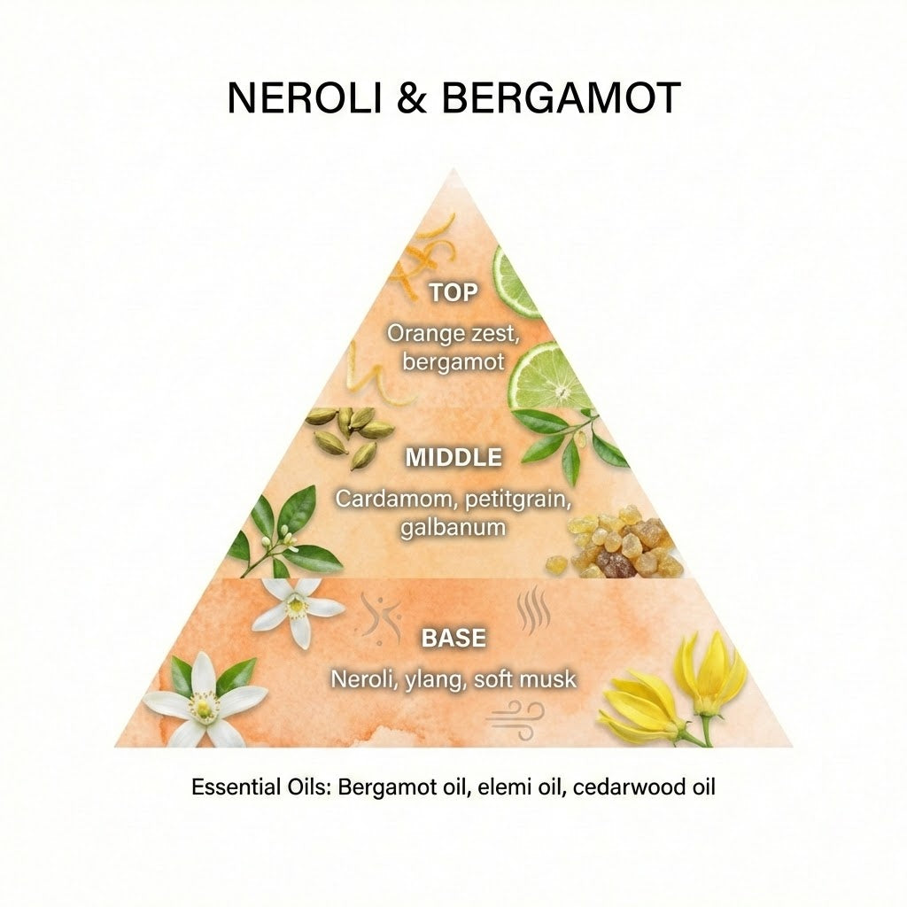 Triangular diagram of neroli and bergamot essential oils with labeled layers and corresponding oils.