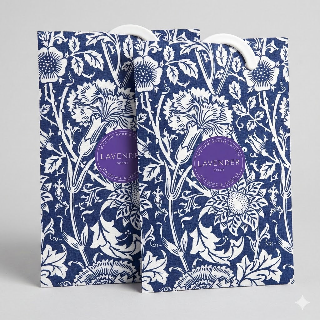 PACK OF 2 - The Master Herbalist's Hanging Lavender Scented Wardrobe Freshener or Drawer Sachet in a William Morris Pink + Rose print in Royal Blue, to complement our Traditional Scented Drawer Liners.&nbsp;