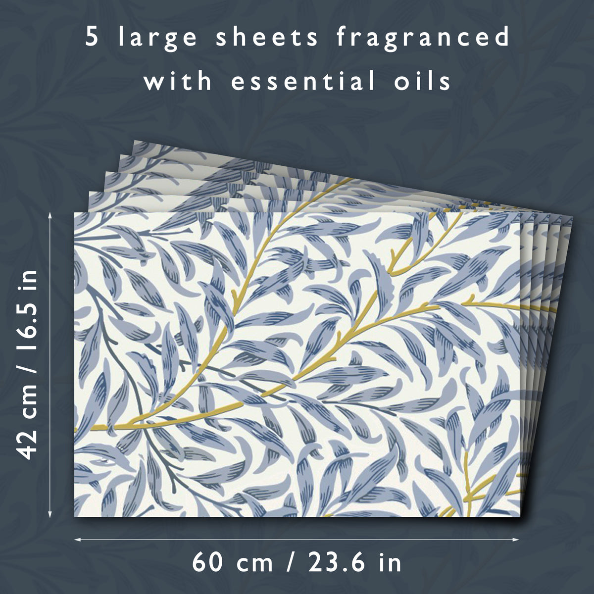 Scented drawer liners size guide: each sheet is 60 × 42 cm, five sheets in a pack