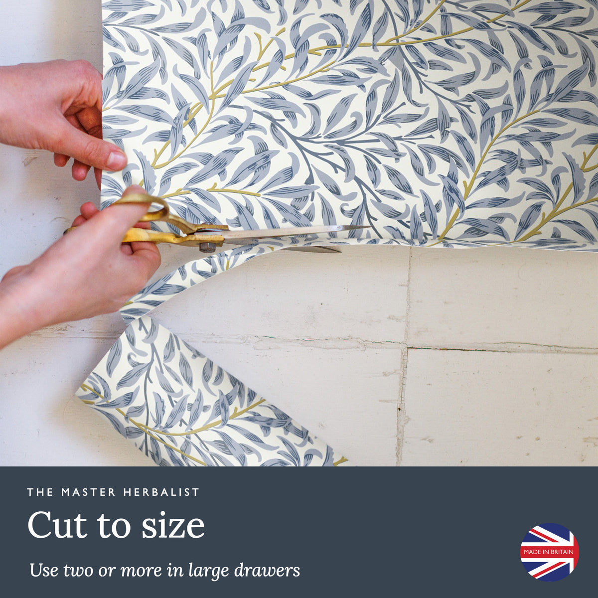 Cut William Morris Blue Willow liners to size with scissors; use two or more in large drawers