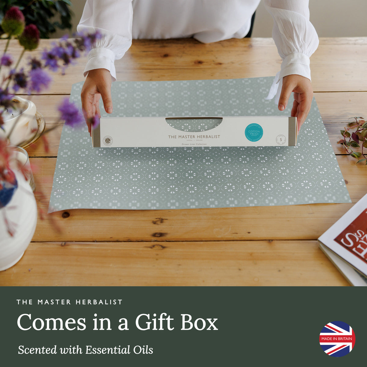 Cotton Fresh scented drawer liners in Aquamarine Geometric, five scented sheets in a gift box