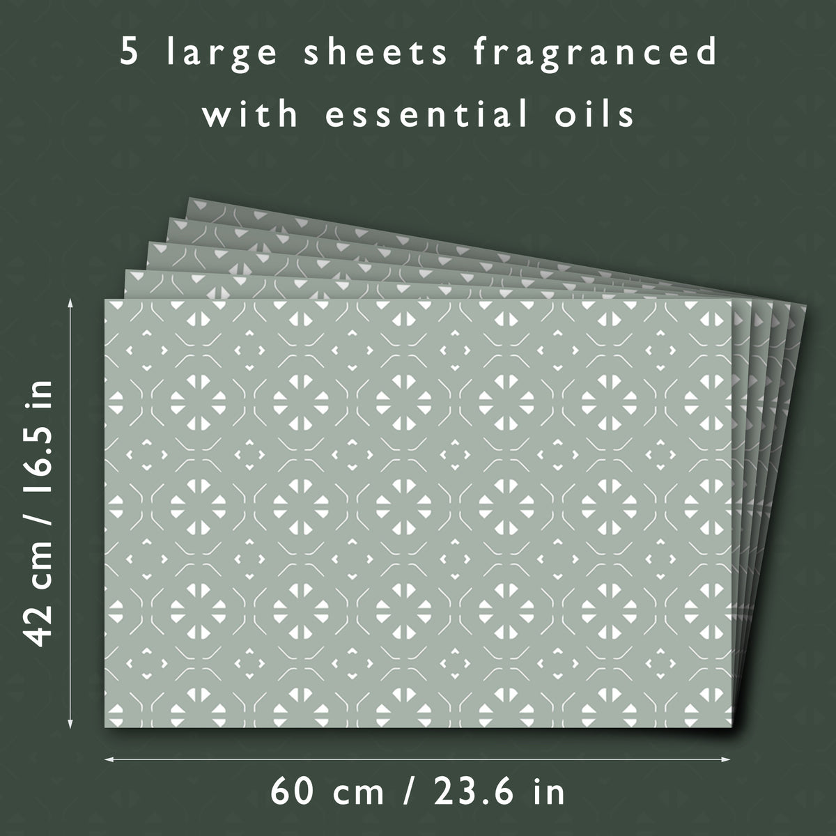 Scented drawer liners size guide: each sheet is 60 × 42 cm, five sheets in a pack