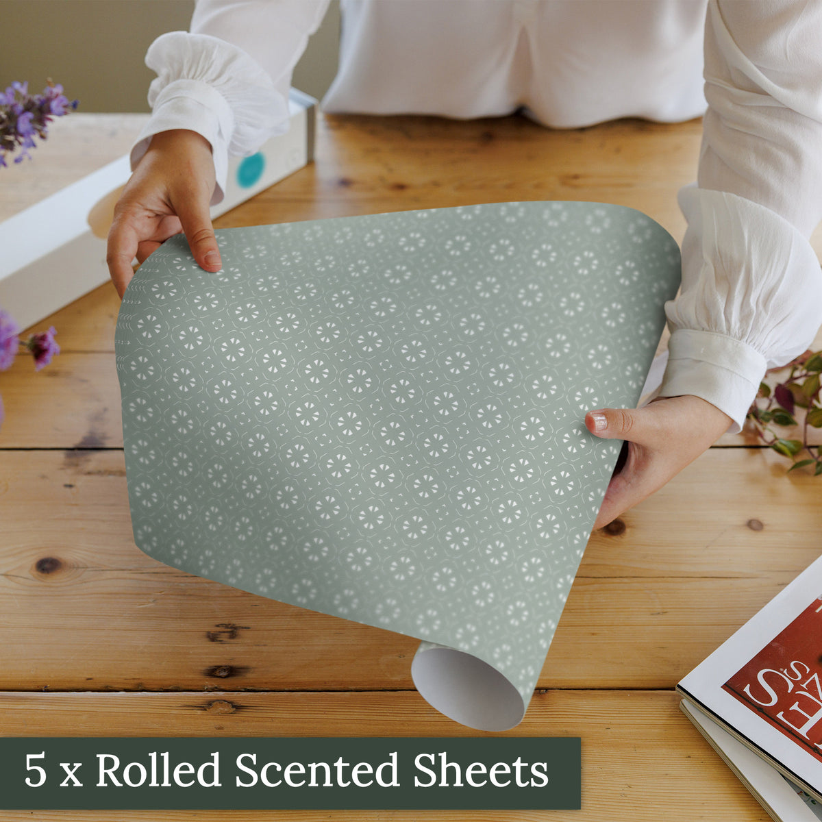 Five sheets of Aquamarine Geometric scented drawer liners in a gift box