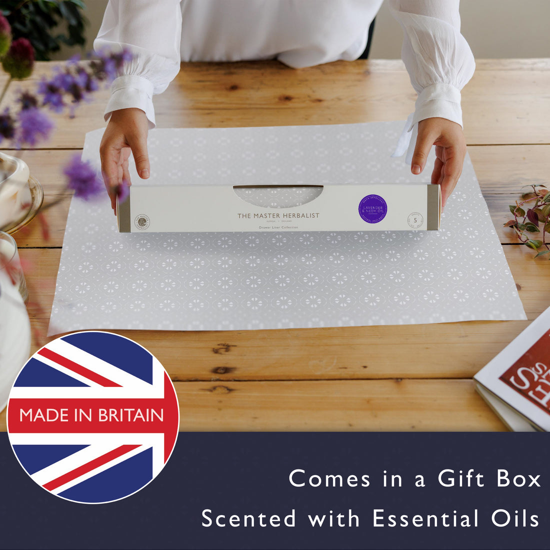 Lavender & Neem Oil scented drawer liners, Soft Grey Geometric print, rolled