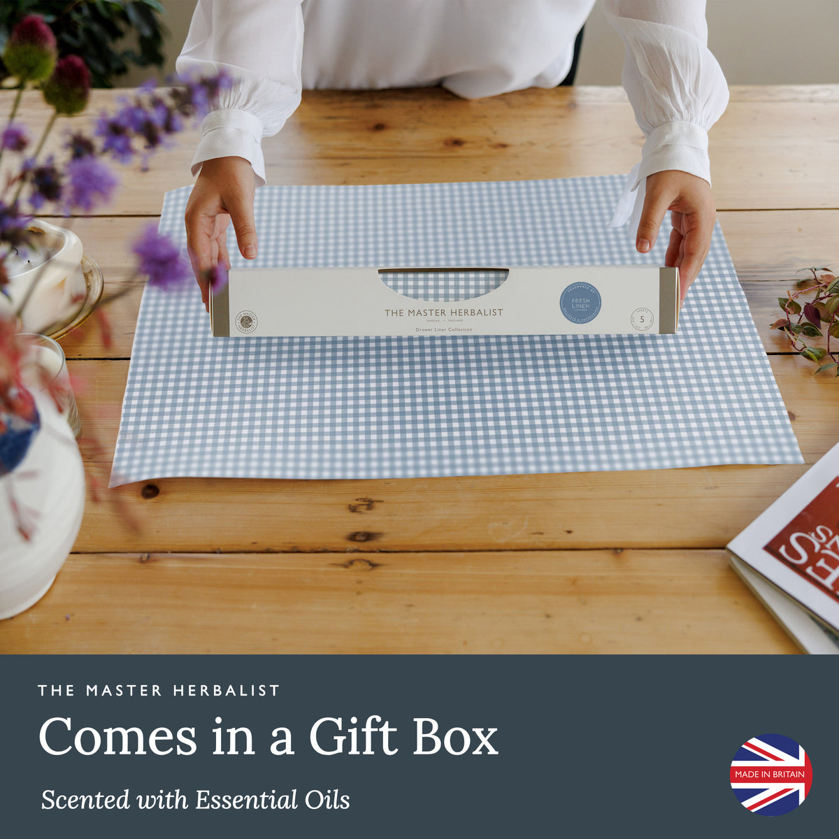 Fresh Linen scented drawer liners in Duck Egg Blue Gingham, five scented sheets in a gift box