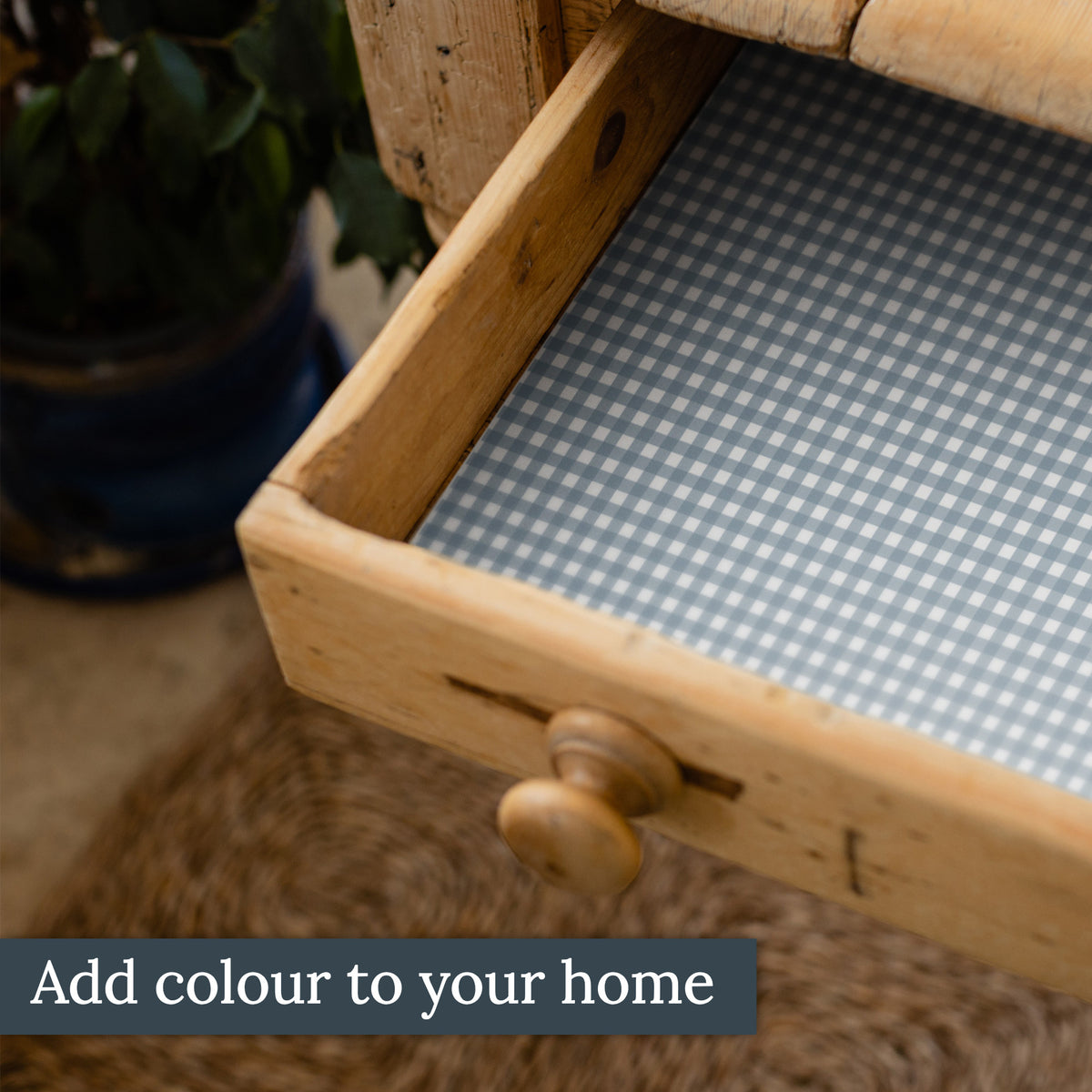 Duck Egg Blue Gingham scented drawer liners lining a drawer