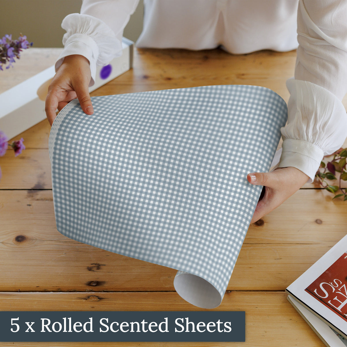 Five sheets of Duck Egg Blue Gingham scented drawer liners in a gift box