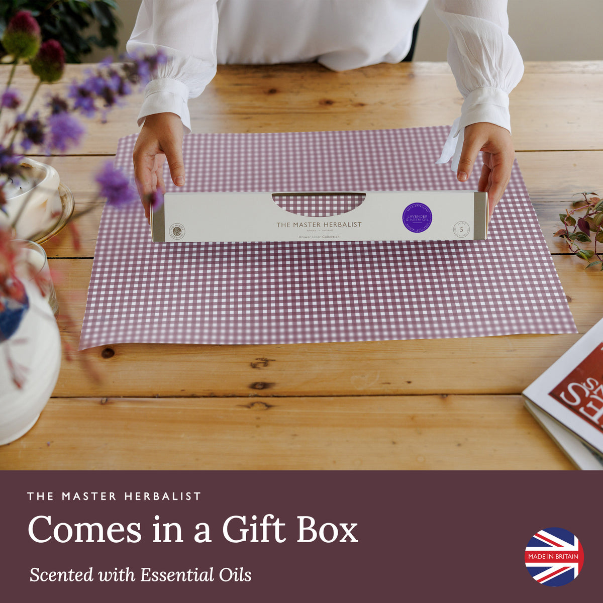 Lavender & Neem Oil scented drawer liners in Damson Gingham, five scented sheets in a gift box