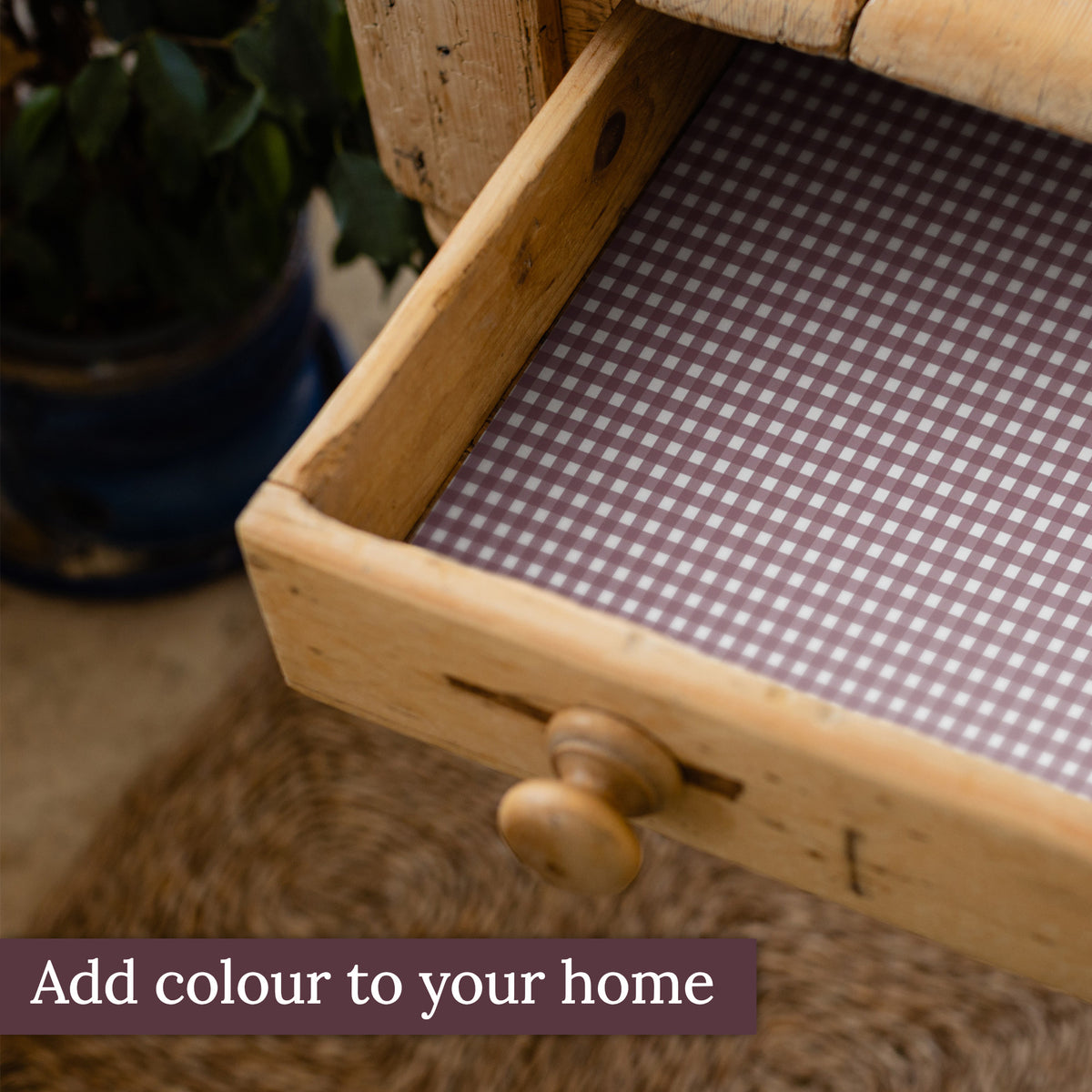 Damson Gingham scented drawer liners lining a drawer