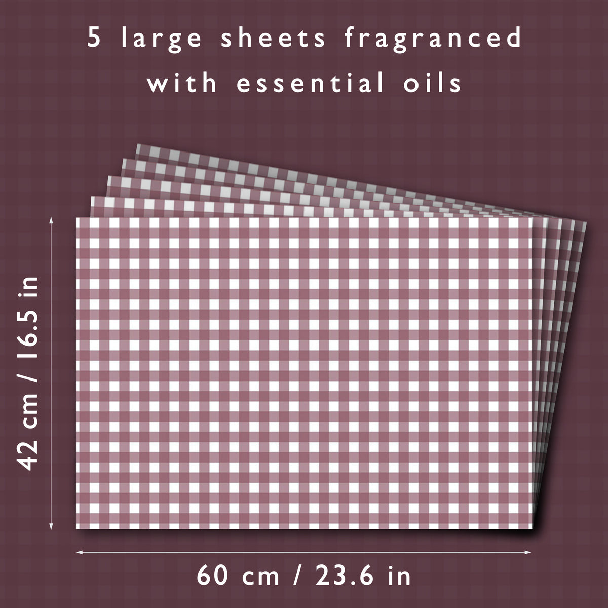 Scented drawer liners size guide: each sheet is 60 × 42 cm, five sheets in a pack