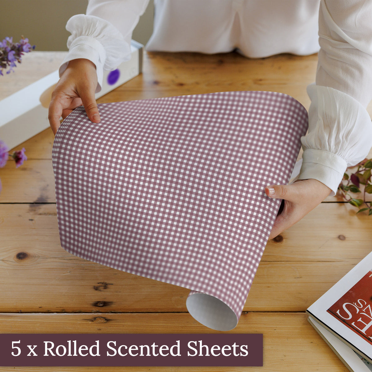 Five sheets of Damson Gingham scented drawer liners in a gift box