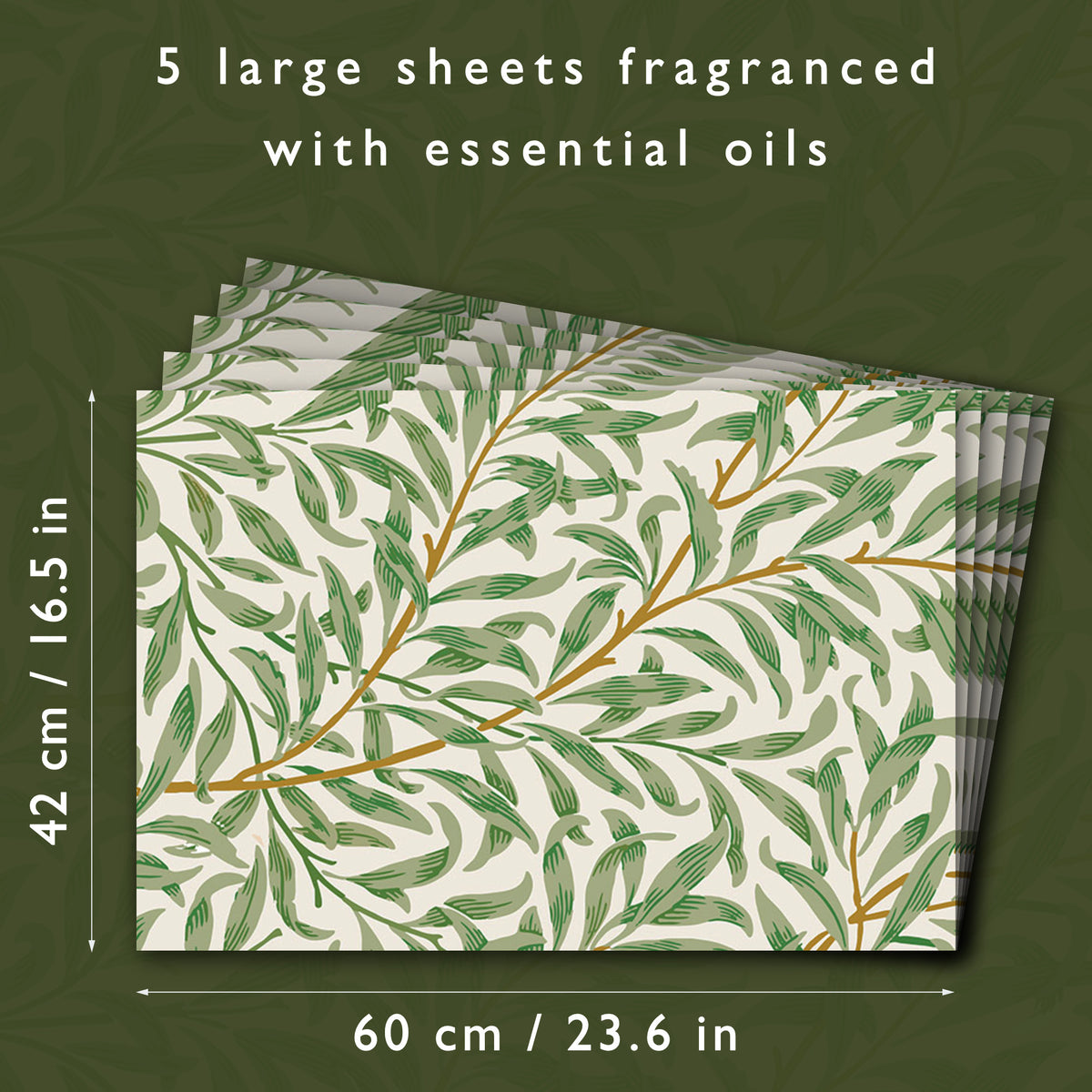 Scented drawer liners size guide: each sheet is 60 × 42 cm, five sheets in a pack