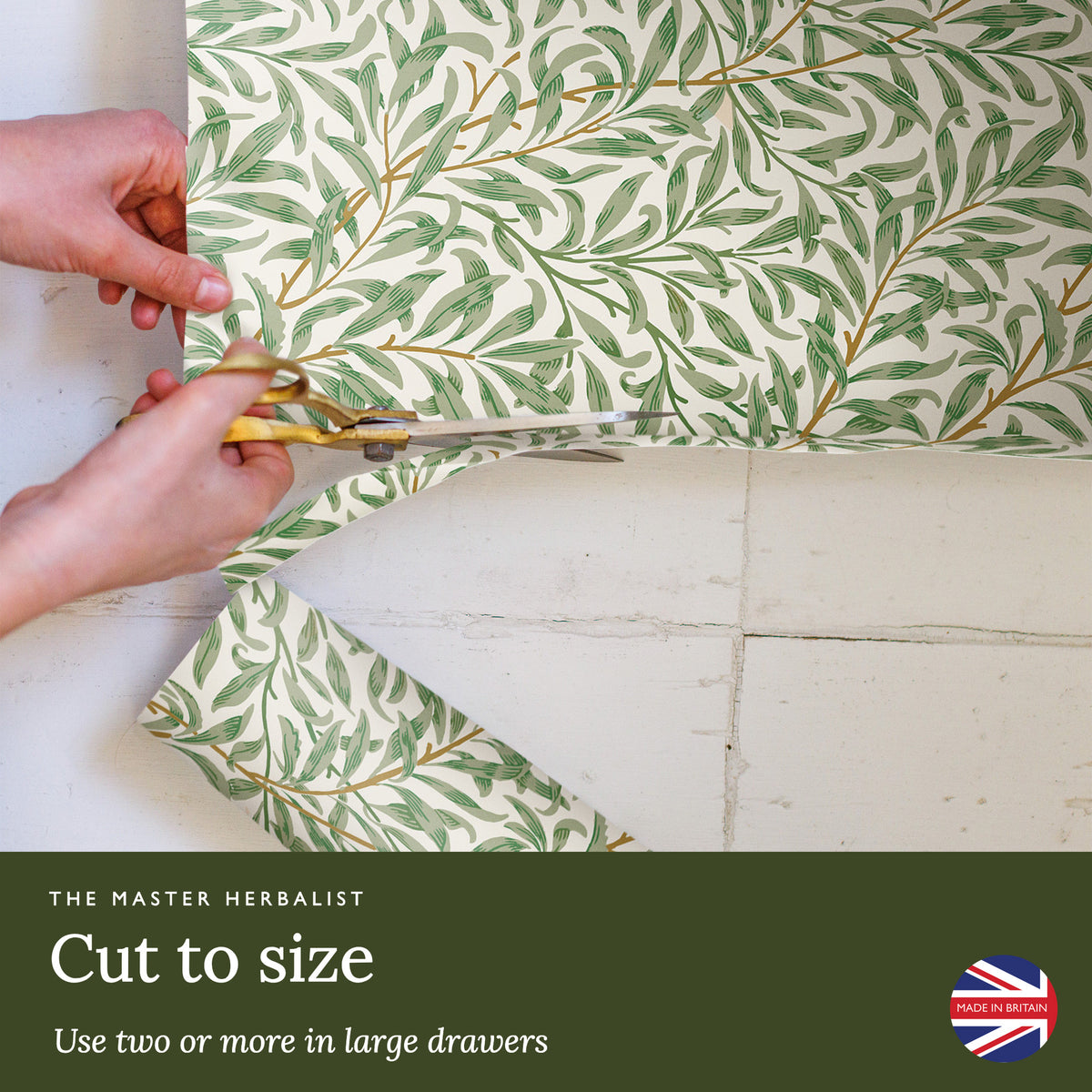 Cut William Morris Willow liners to size with scissors; use two or more in large drawers