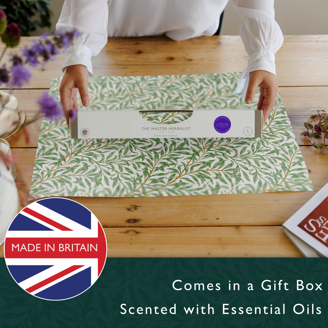 Lavender & Neem Oil scented drawer liners, Willow print, rolled