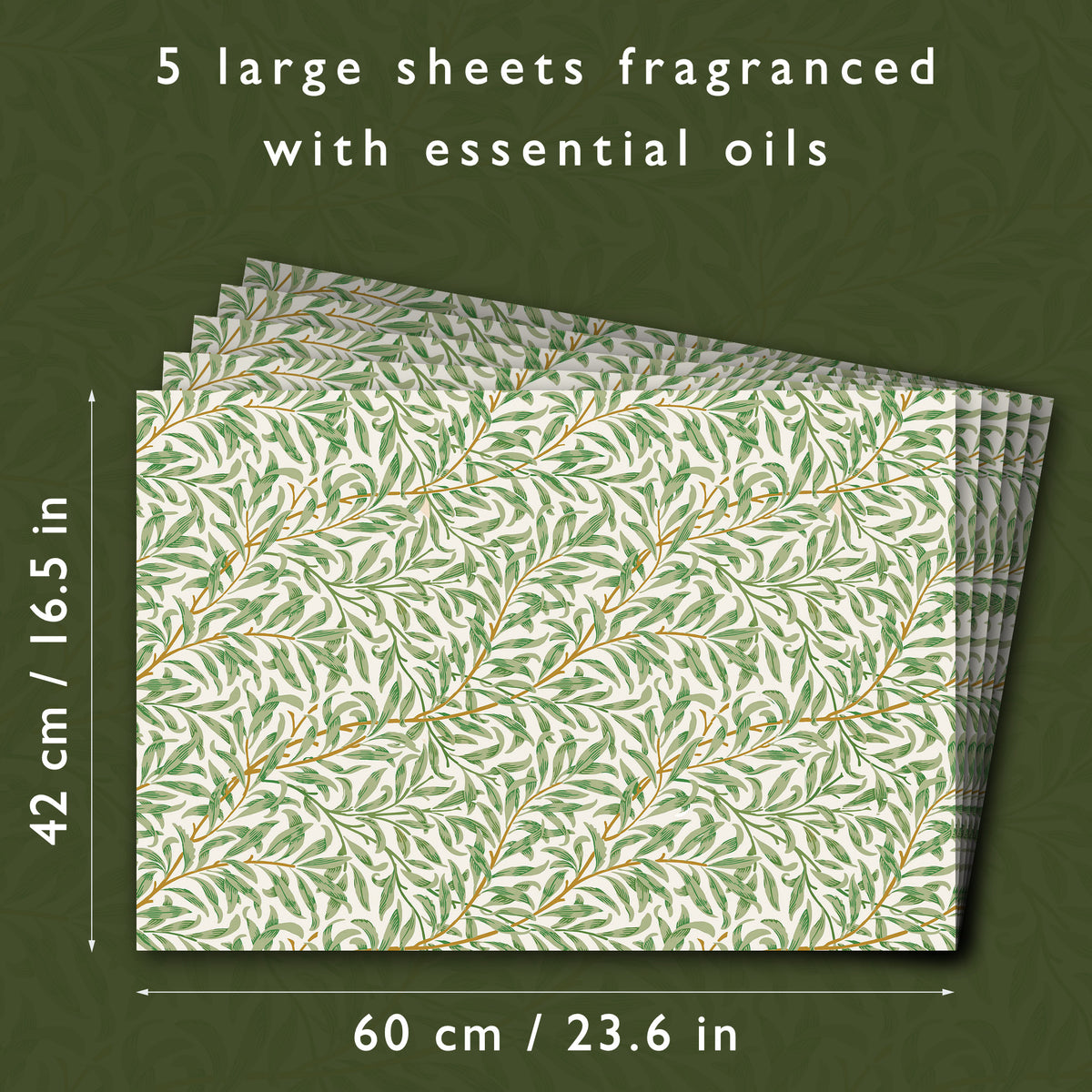 Scented drawer liners size guide: each sheet is 60 × 42 cm, five sheets in a pack
