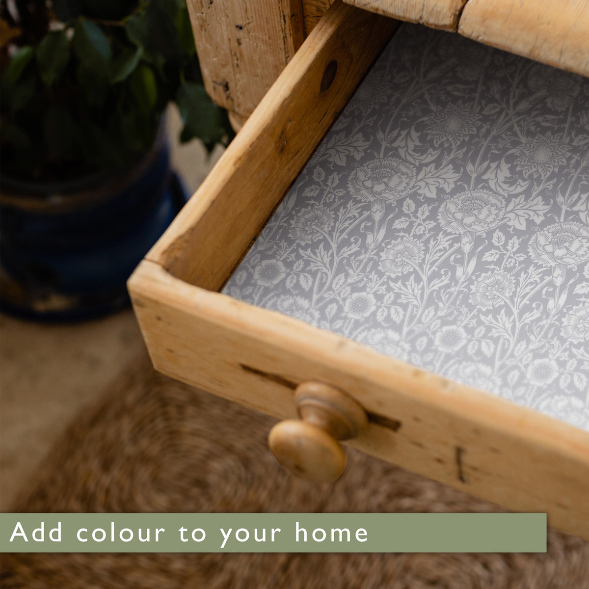 Soft Grey William Morris Pinks + Roses scented drawer liners lining a drawer