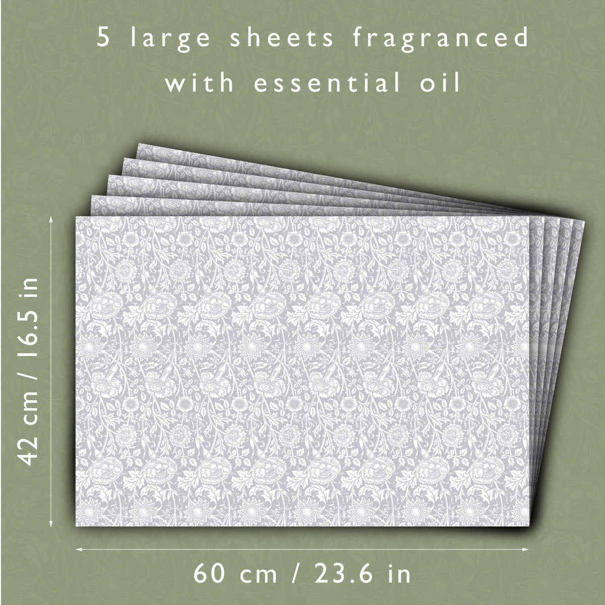 Scented drawer liners size guide: each sheet is 60 × 42 cm, five sheets in a pack