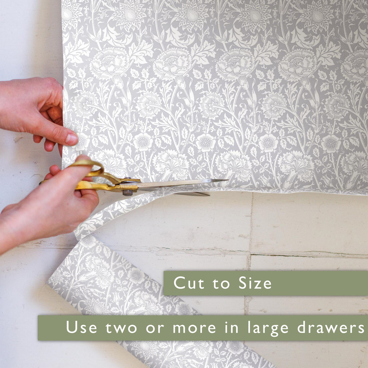 Cut Soft Grey William Morris Pinks + Roses liners to size with scissors; use two or more in large drawers