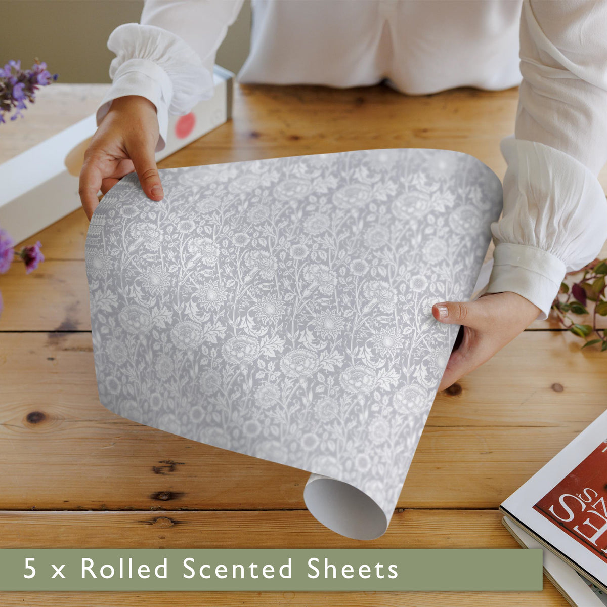 Five sheets of Soft Grey William Morris Pinks + Roses scented drawer liners in a gift box