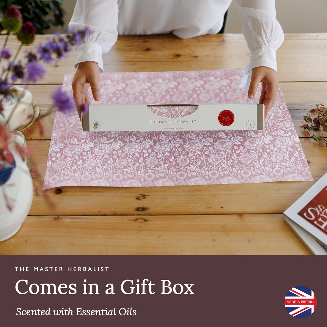 Rose scented drawer liners, Pink William Morris Pink & Rose print, rolled