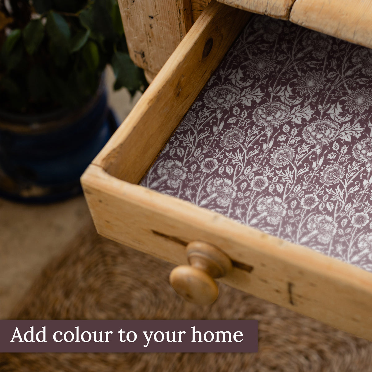 Damson William Morris Pinks + Roses scented drawer liners lining a drawer