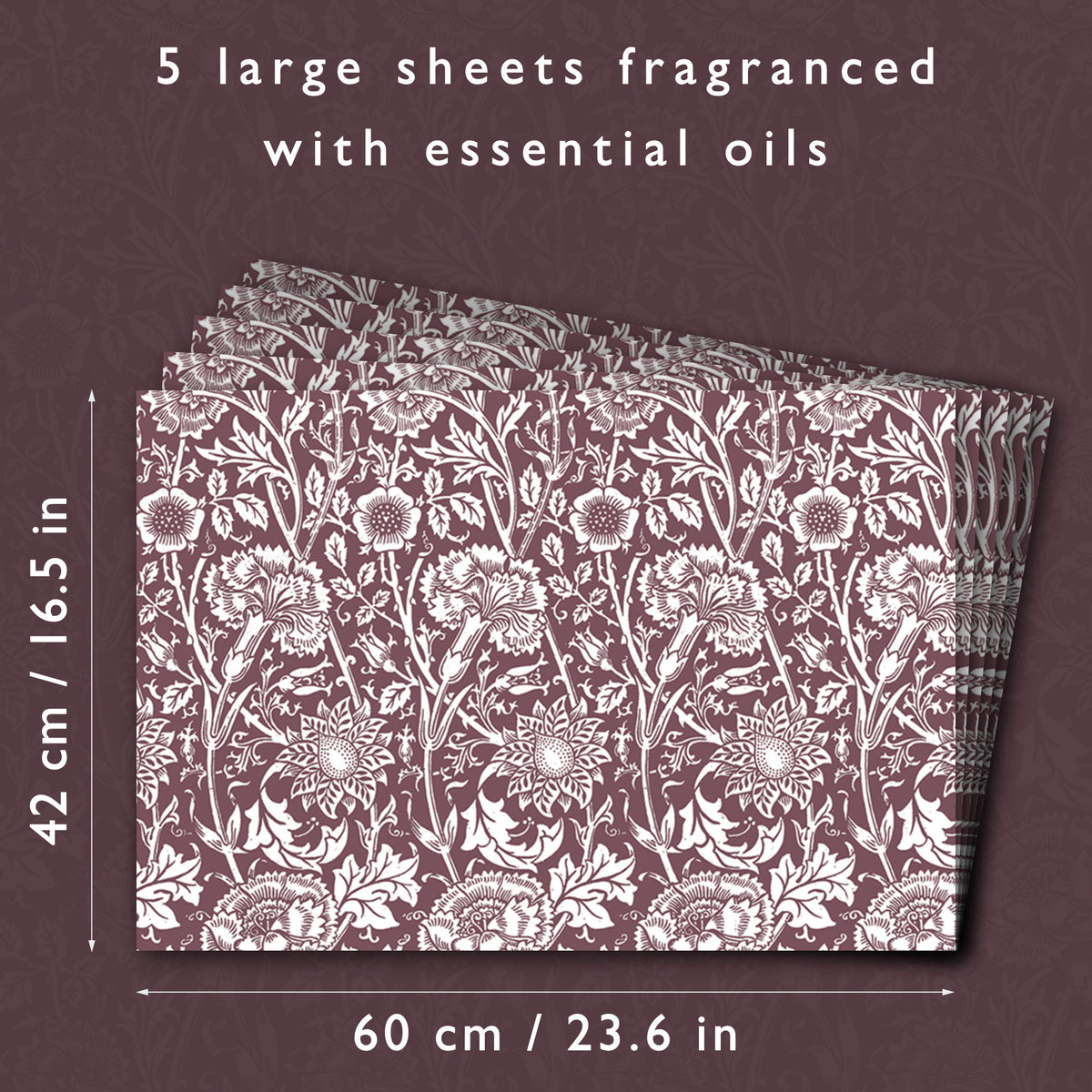 Scented drawer liners size guide: each sheet is 60 × 42 cm, five sheets in a pack