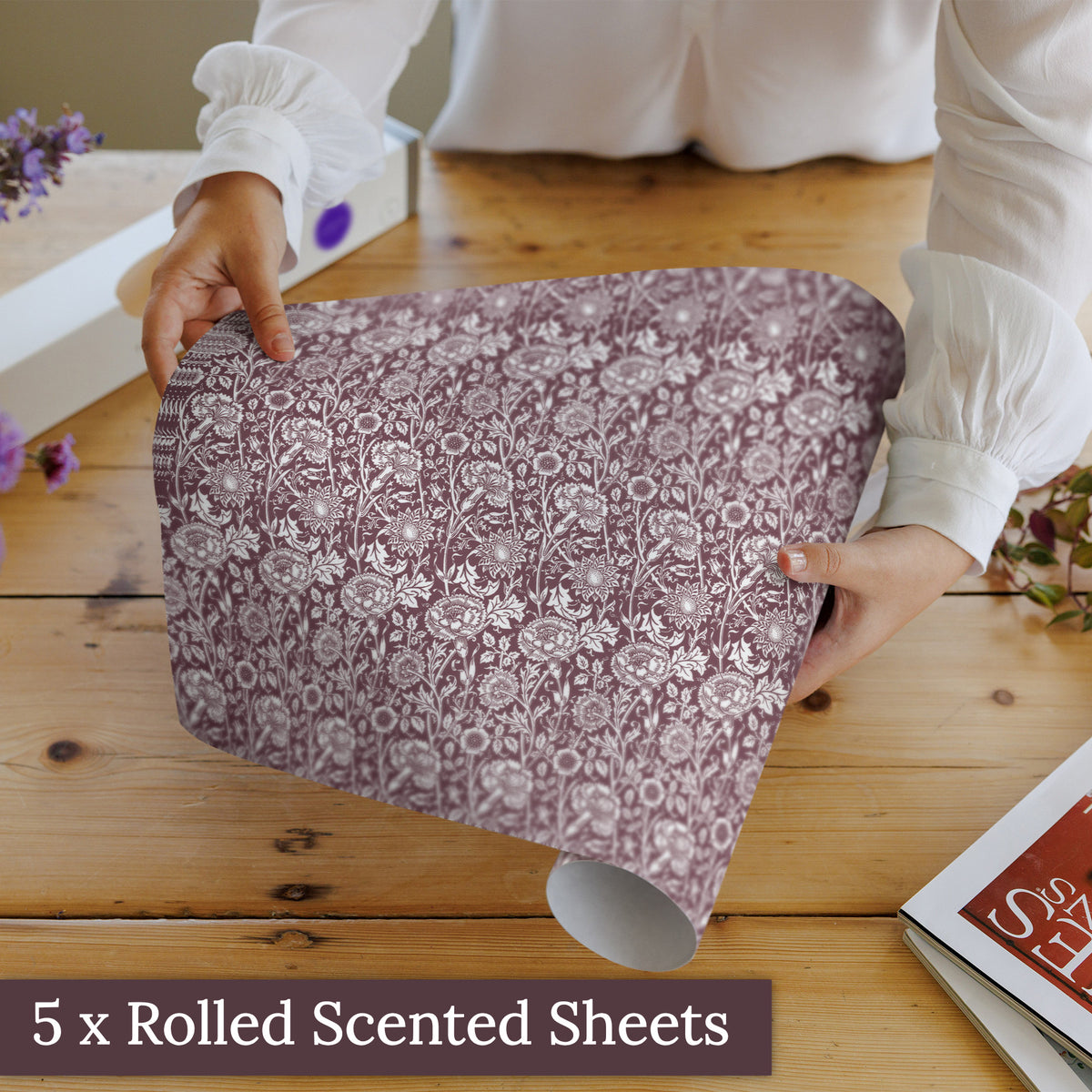 Five sheets of Damson William Morris Pinks + Roses scented drawer liners in a gift box