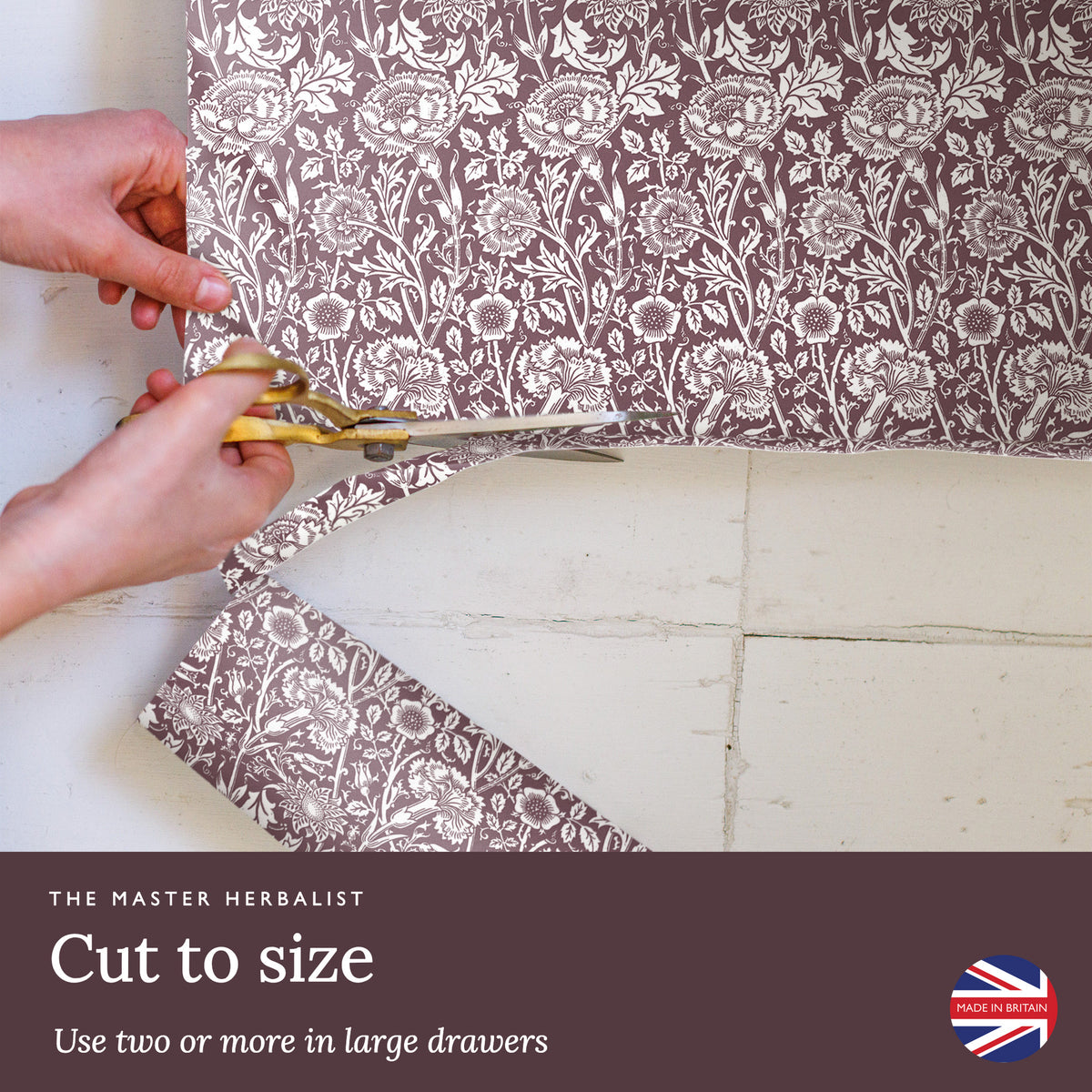 Cut Damson William Morris Pinks + Roses liners to size with scissors; use two or more in large drawers