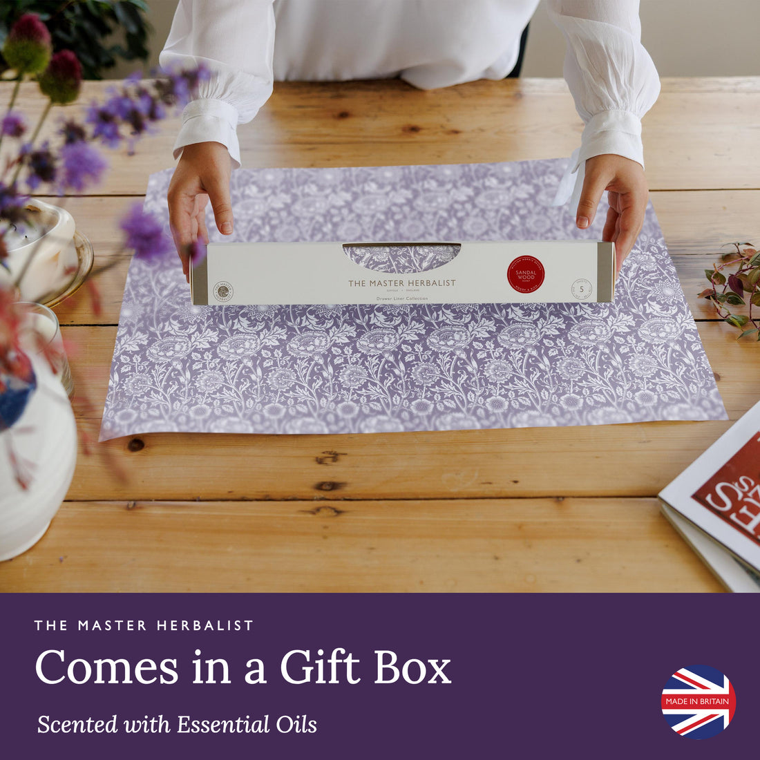 Lilac scented drawer liners, Purple William Morris Pink & Rose print, rolled