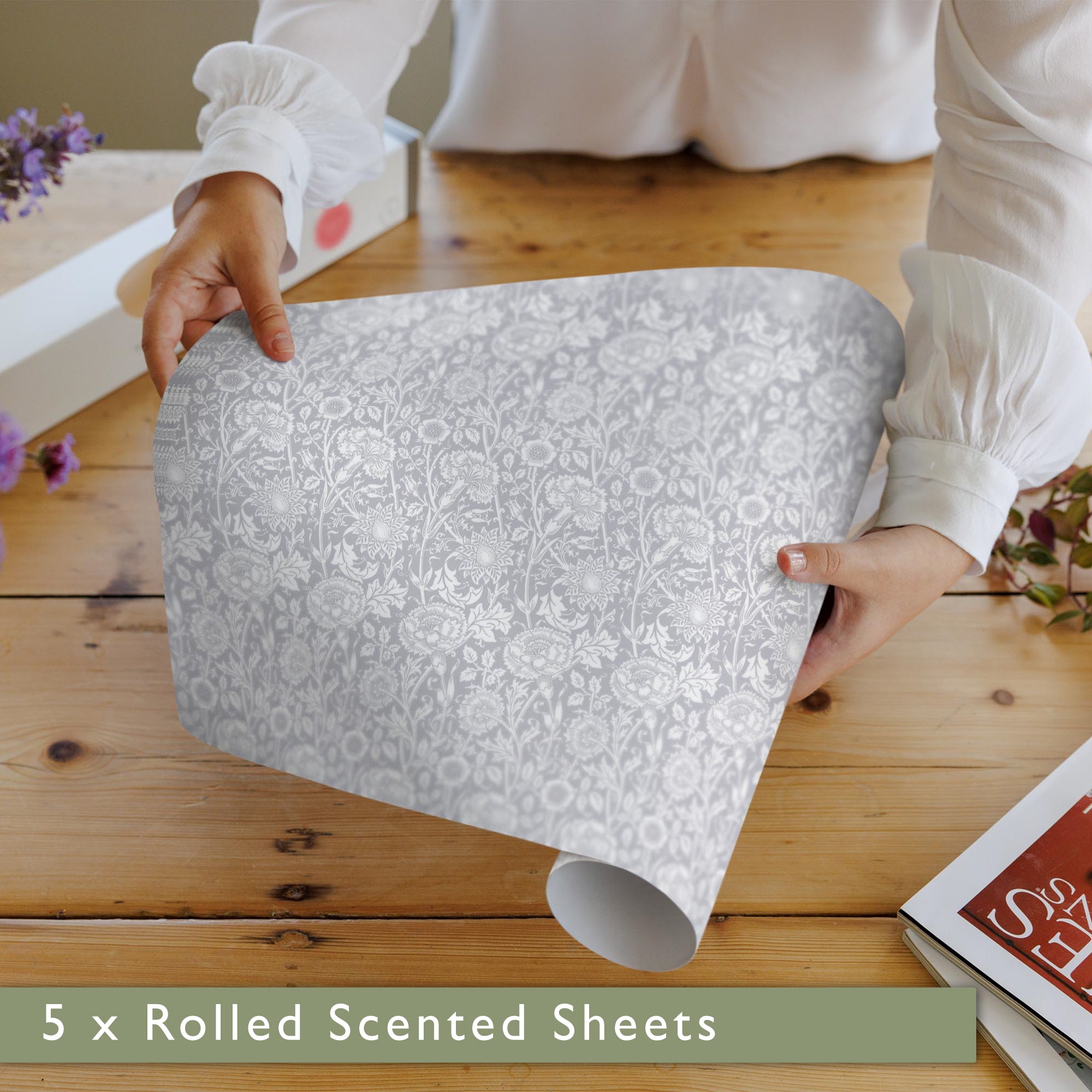 LILY OF THE VALLEY fragrance SCENTED Drawer Liners in GREY William Morris Design