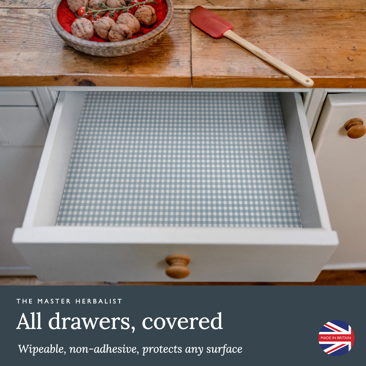 Cook's Blue Gingham wipe clean drawer liners cover any drawer: wipeable and non-adhesive