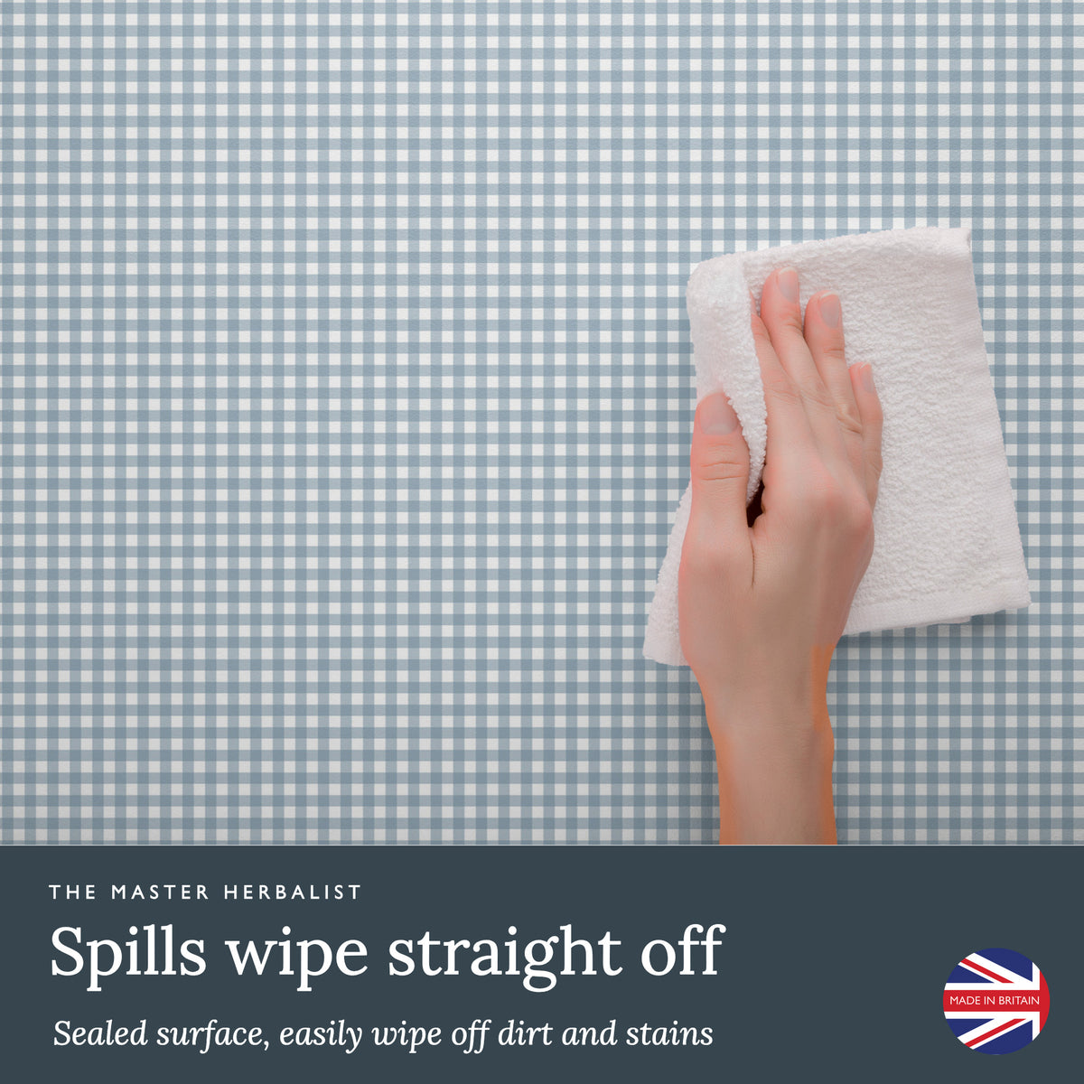 Spills wipe straight off a sealed Cook's Blue Gingham wipe clean drawer liner