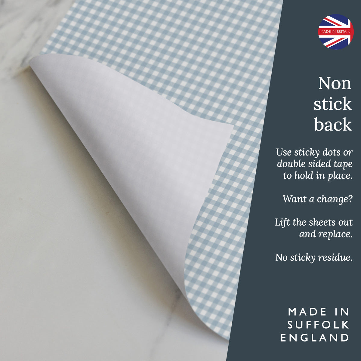 Non-stick back: hold the liners in place with sticky dots or double-sided tape, then lift out to replace, leaving no residue