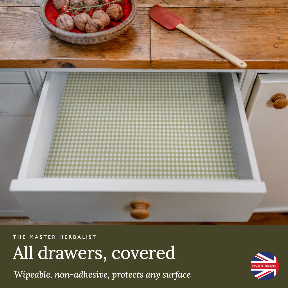 Sage Green Gingham wipe clean drawer liners cover any drawer: wipeable and non-adhesive