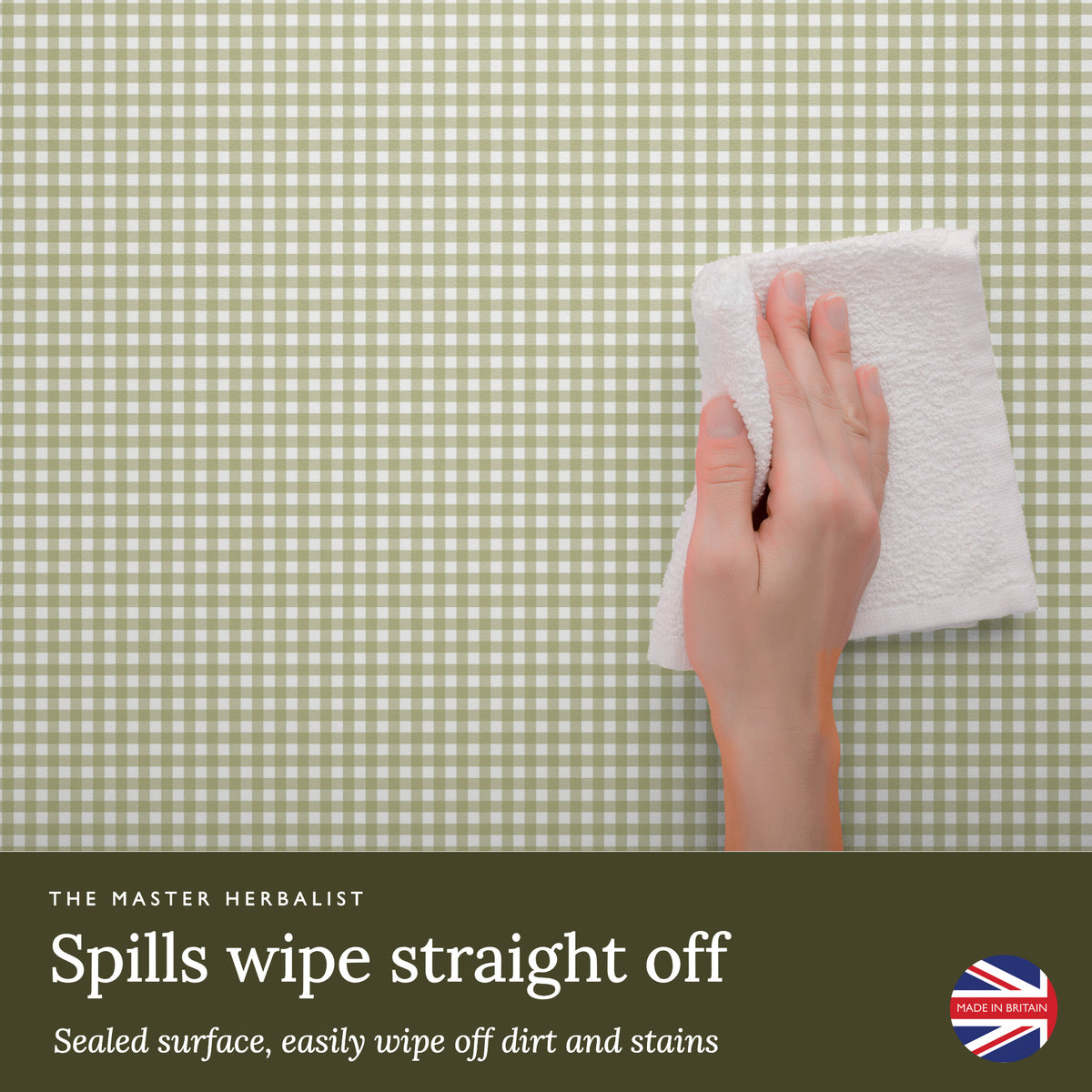 Spills wipe straight off a sealed Sage Green Gingham wipe clean drawer liner
